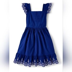 Blue Cotton Dress with White Embroidery Details